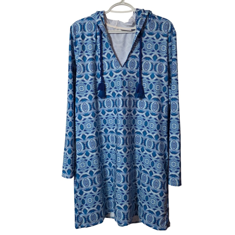 Cabana Life Women XL Hooded Tunic Blue Geometric Tassel Rash Guard Coverup